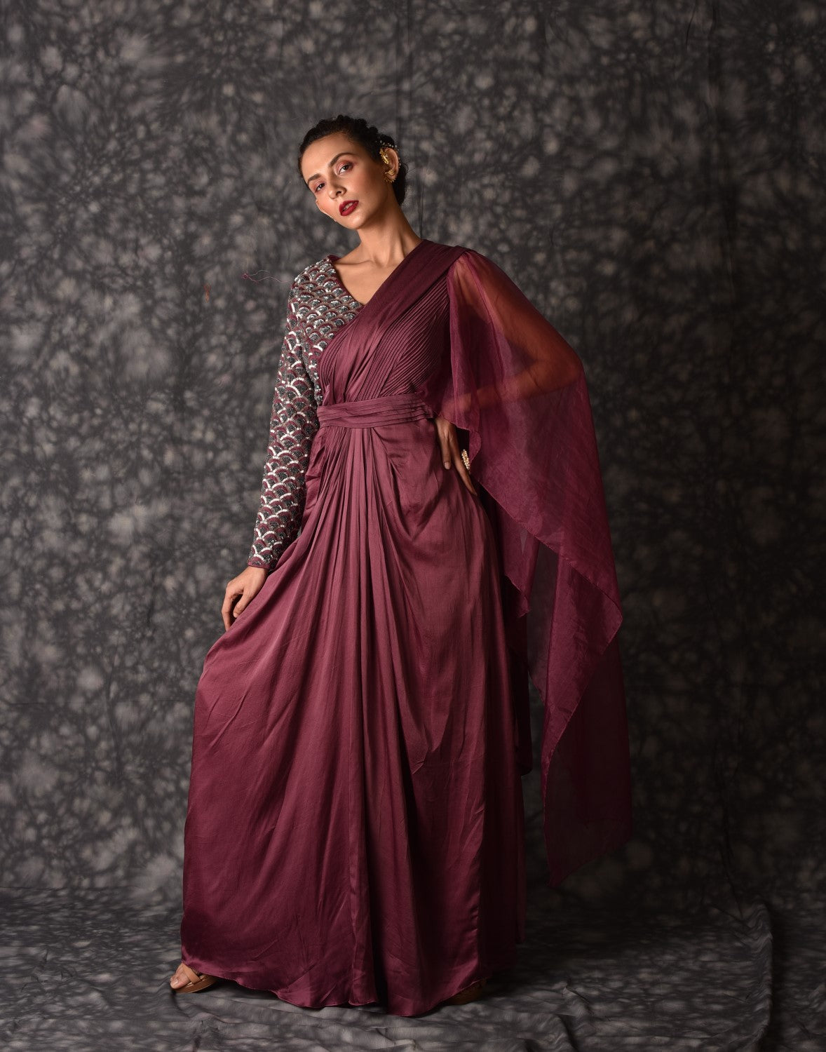 Shop Mauve Foil Printed Satin Draped Gown Party Wear Online at Best Price |  Cbazaar